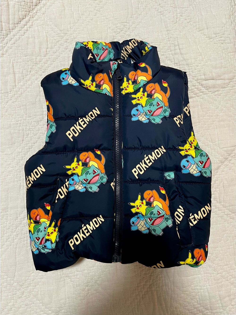 H&M Navy Blue Kids Winter Puffer Jacket Vest Gilet with Pokémon Pikachu